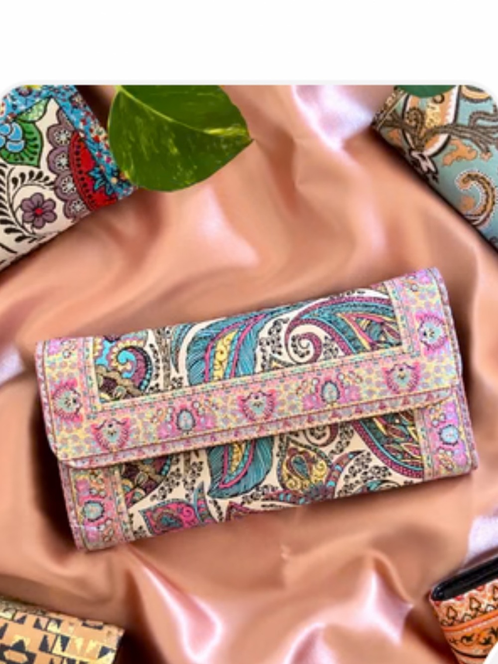 Paisley Padded Wallet Clutch in Pink, Gold and Teal